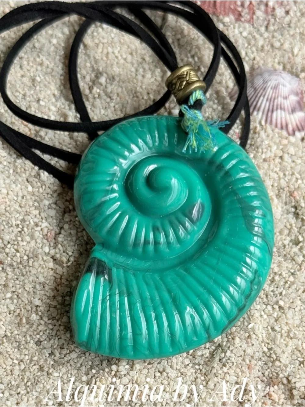 BRUTALIST Turquoise Spiral Shell Pendant Necklace LONG SUEDE